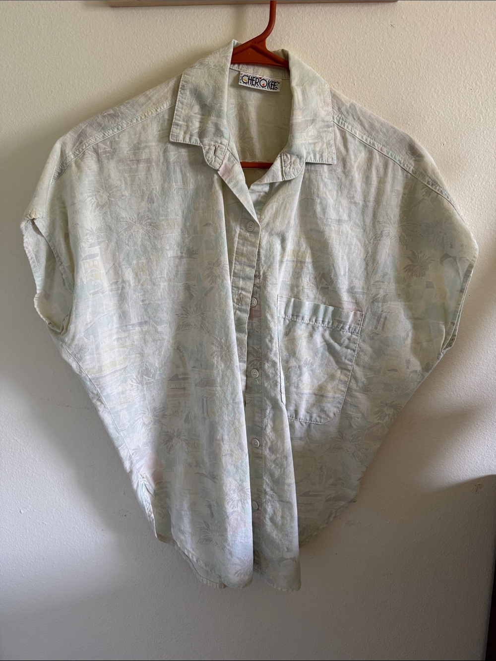 Vintage Cherokee Cream Short-Sleeve Tropical Print Button-Up Shirt